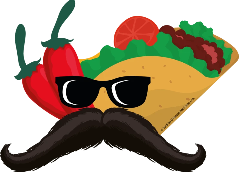 Maskot Taco Boss – taco s brýlemi a knírem